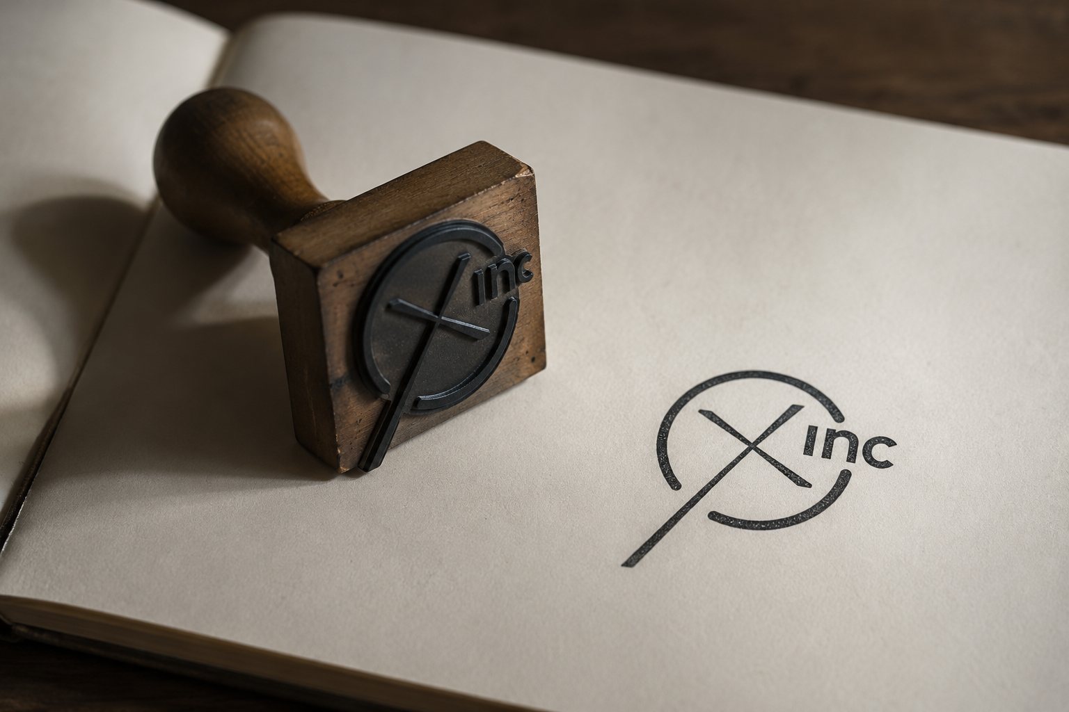 A wooden-handled rubber stamp of the Experiment Inc mark on an open notebook, beside the impression it has just made.